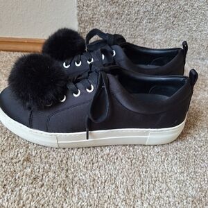 J/Slides Womens Black Satin Puff Ball Lace Up Platform Sneakers Size 8